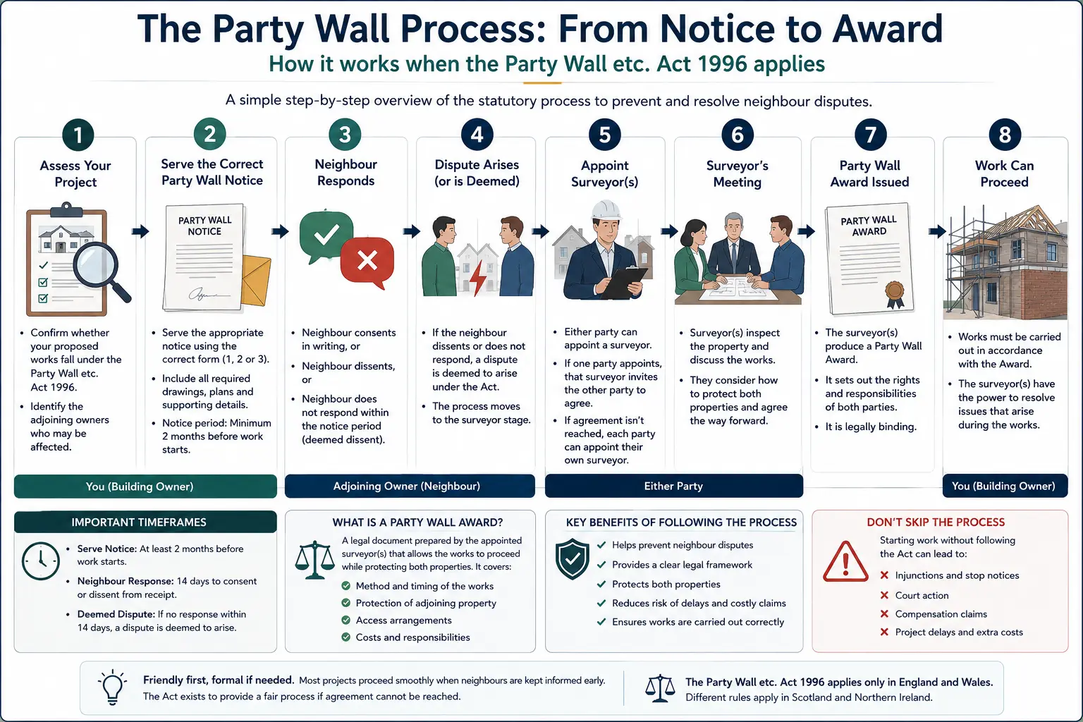 Do I Need a Party Wall Agreement? An infographic showing the party wall process from notice to award in a very interactive way for the citizens living in Hitchin, UK