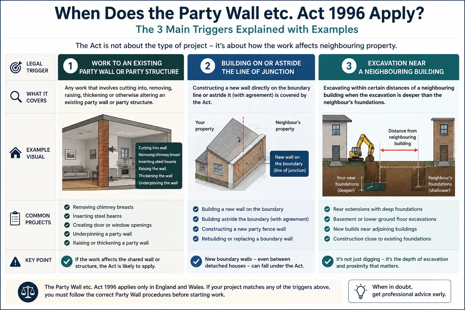 Do I Need a Party Wall Agreement? An infographic showing when does the party wall etc act 1996 apply like excavation, junction, painting, in Hitchin, UK
